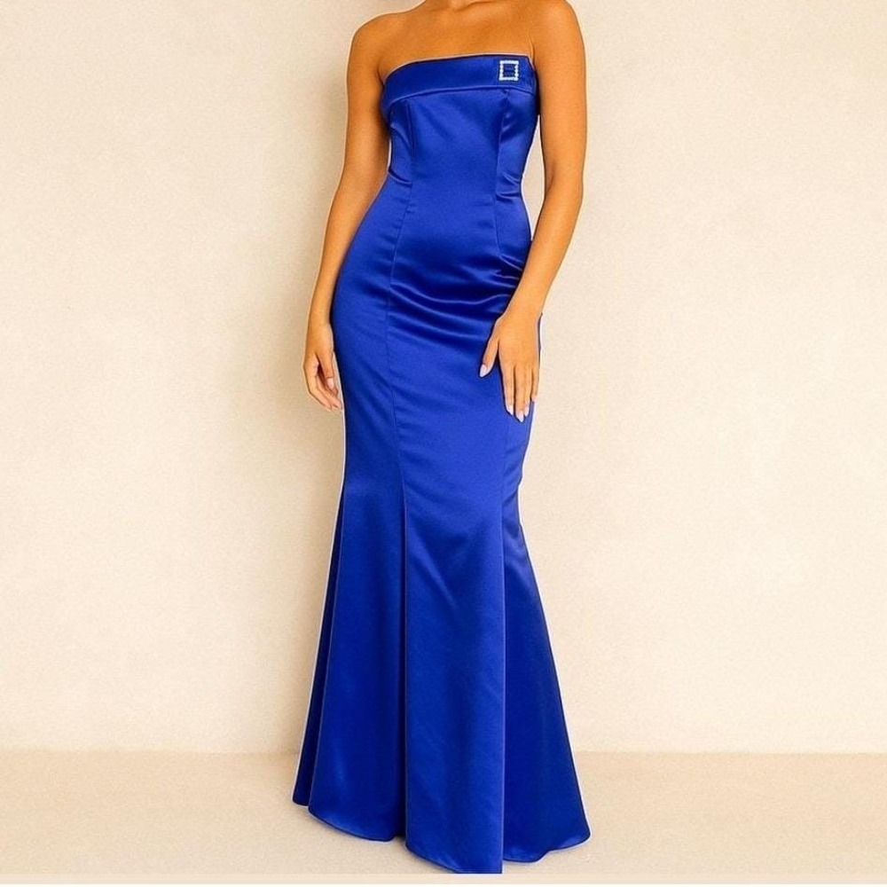NWT Vtg Dave & Johnny XS Dress Formal Gown Maxi Satin Blue Evening Glam Y2K Chic
